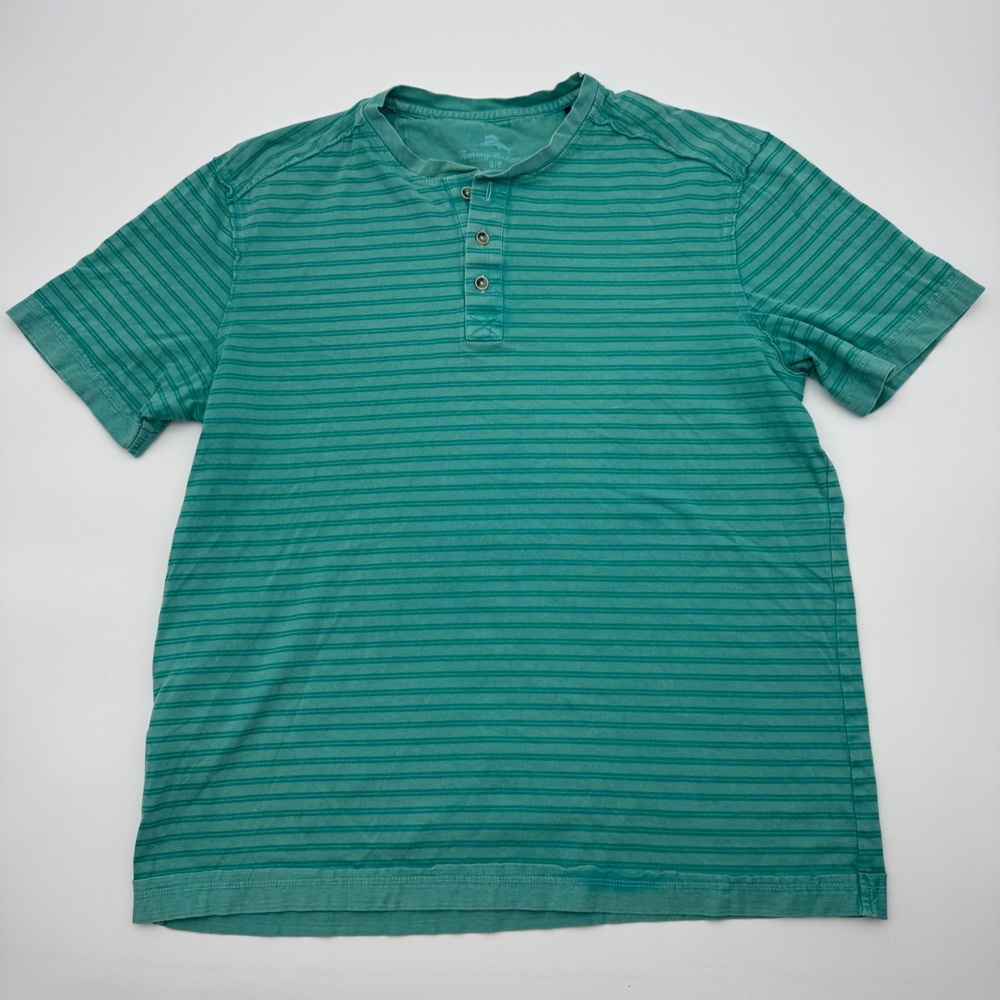 Tommy Bahama Mens Small Teal Green Striped Short Sleeve Henley Cotton Shirt